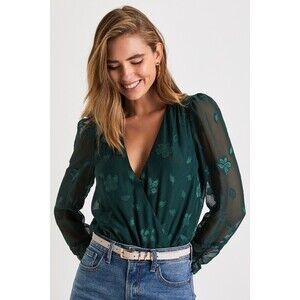 Lulus Charming Purpose Emerald Green Floral Jacquard Surplice Bodysuit - Size XL
